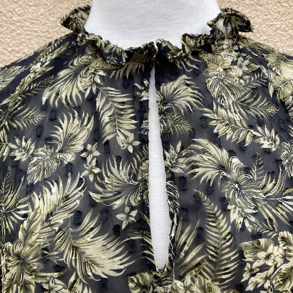 Zara Raised Velvet Sheer Crochet Bishop Sleeve Peasant Blouse Peek-a-Boo Yoke - Picture 2 of 9